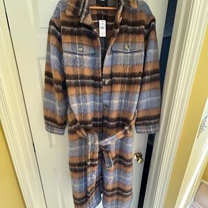 Express Blue and Brown Plaid Long Coat